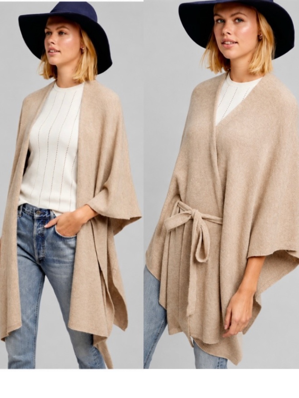 Anthropologie Kimono Tie-Waist Open Front Sweater Cardigan Ponch Wrap Tan OSFM